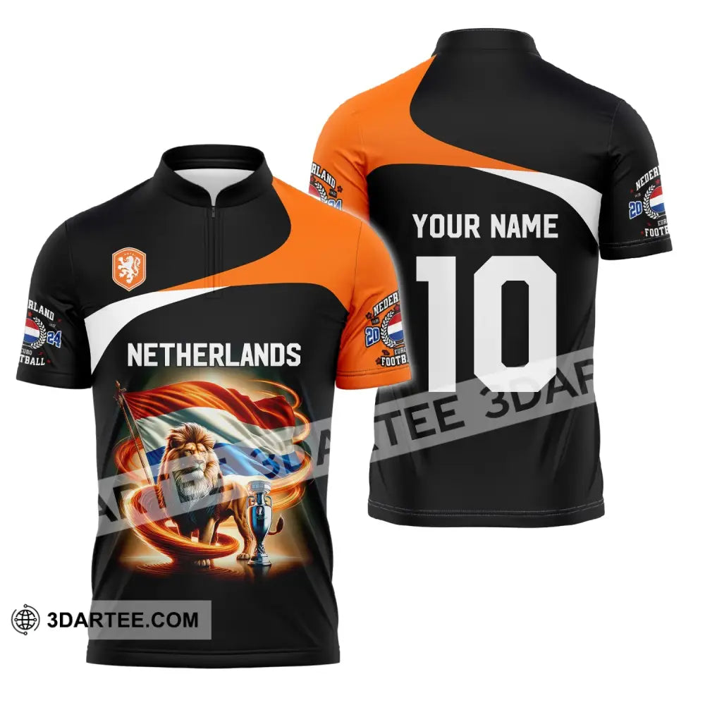 Unisex Shirt Custom Name And Number Football T-Shirt Euro 2024 Netherlands Polo Long Sleeve Zipper