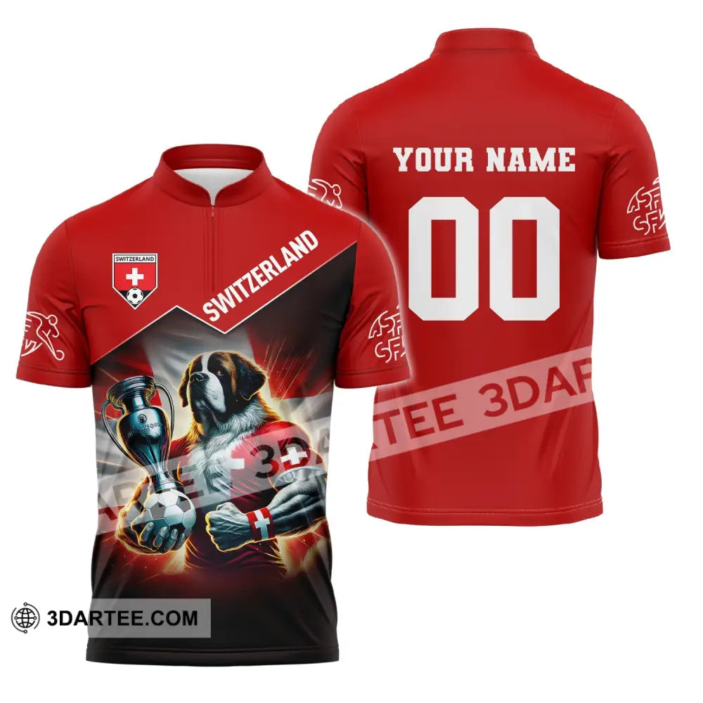 Unisex Shirt Custom Name And Number Football T-Shirt Euro 2024 Switzerland Polo Long Sleeve Zipper