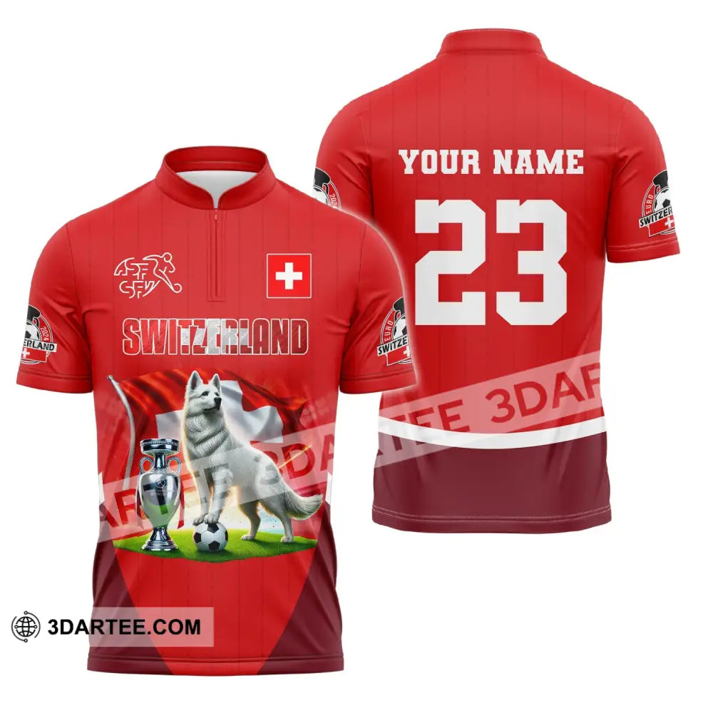 Unisex Shirt Custom Name And Number Football T-Shirt Euro 2024 Switzerland Polo Long Sleeve Zipper