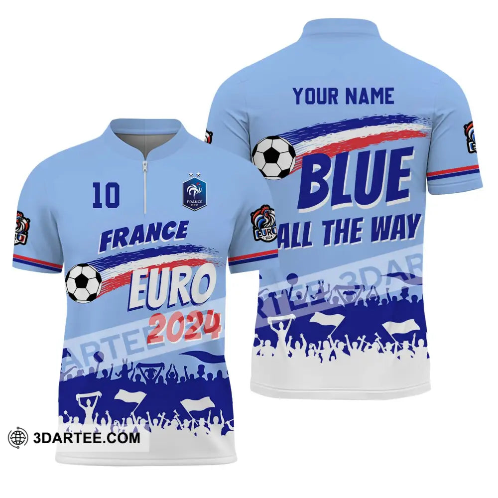 Unisex Shirt - Custom Name And Number France Euro 2024 National Team Blue All The Way Zipper Polo /