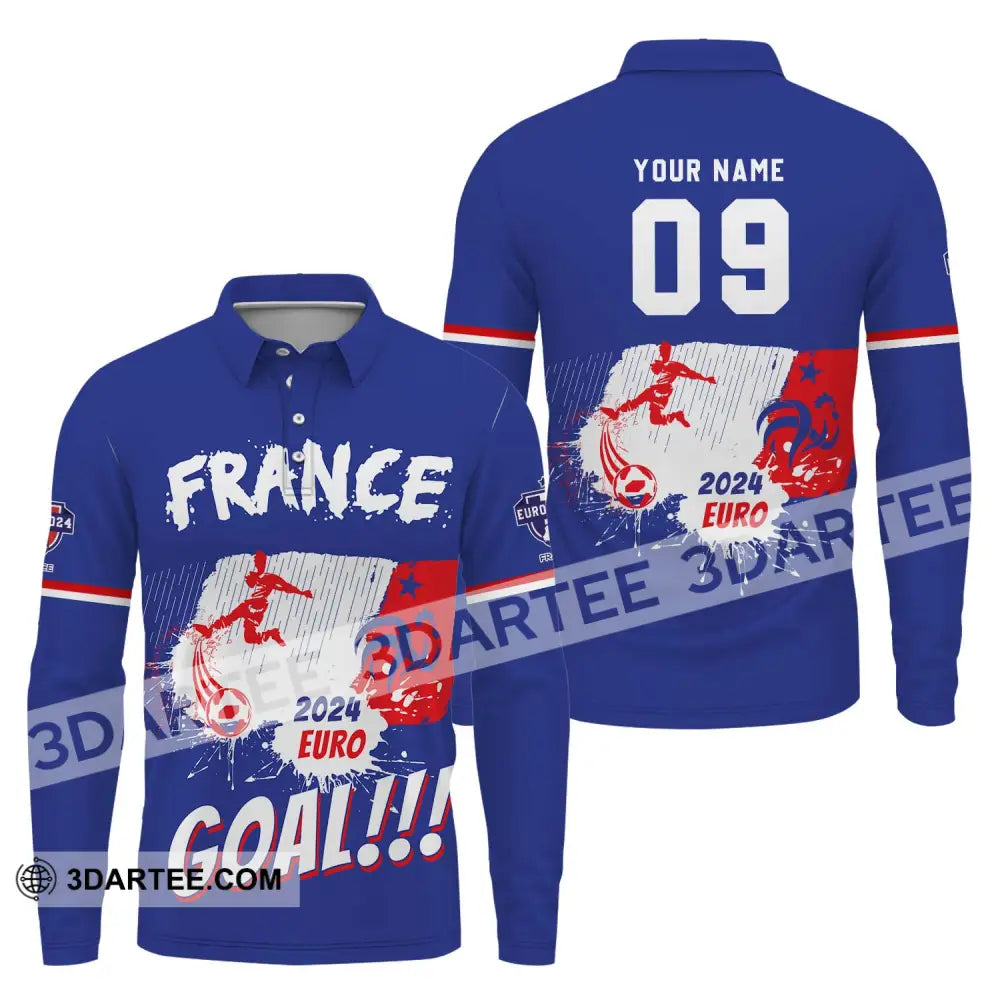 Unisex Shirt - Custom Name And Number France Team Euro 2024 Long Sleeve Polo / S T-Shirt