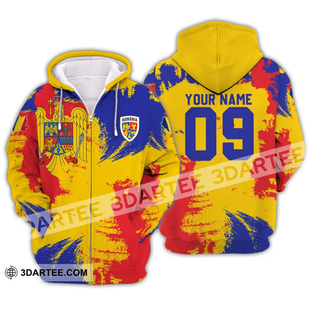 Unisex Shirt - Custom Name And Number National Team Flag Color Romania Zipper Hoodie / S T-Shirt