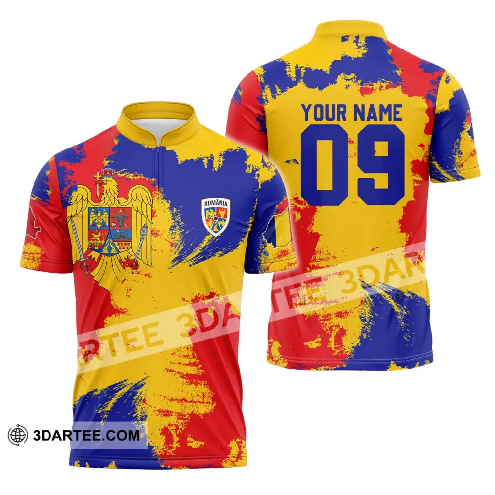 Unisex Shirt - Custom Name And Number National Team Flag Color Romania Zipper Polo / S T-Shirt