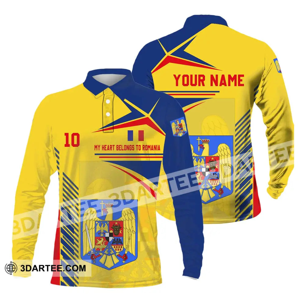 Unisex Shirt - Custom Name And Number National Team My Heart Belongs To Romania Long Sleeve Polo /