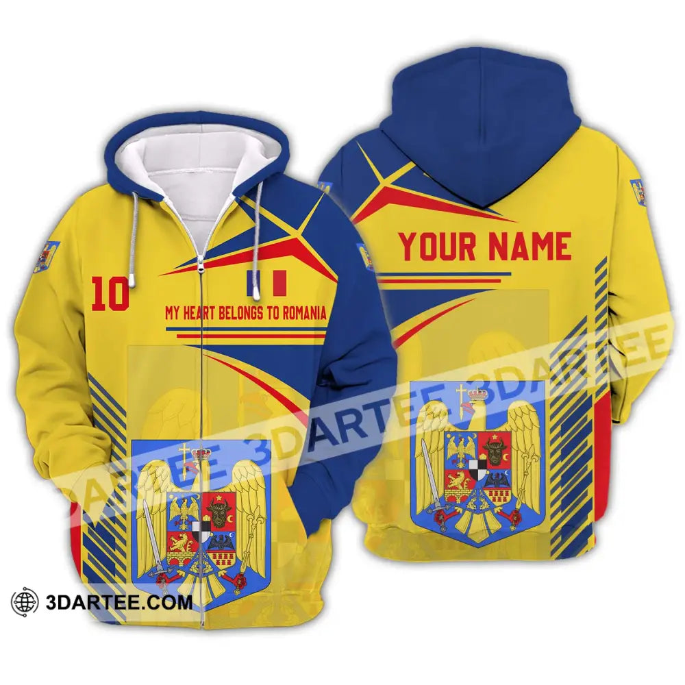 Unisex Shirt - Custom Name And Number National Team My Heart Belongs To Romania Zipper Hoodie / S