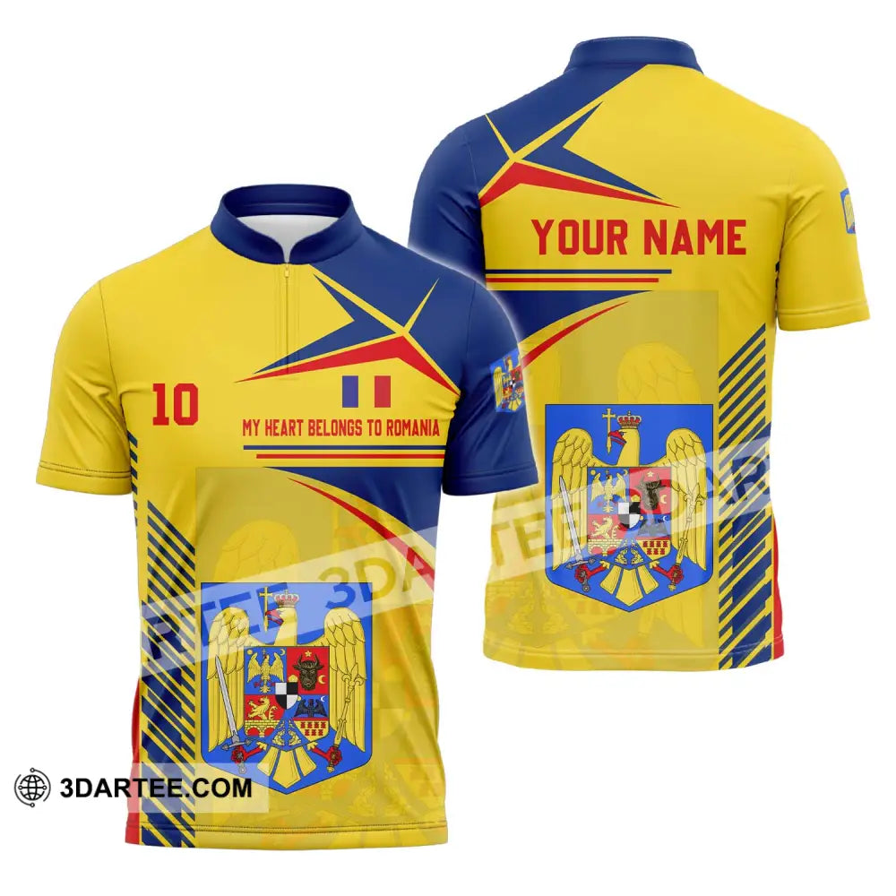 Unisex Shirt - Custom Name And Number National Team My Heart Belongs To Romania Zipper Polo / S