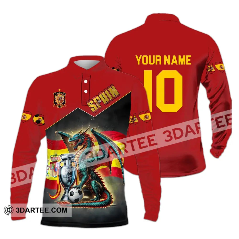 Unisex Shirt - Custom Name And Number National Team Spain Heart Ball Fly Dragon Long Sleeve Polo /