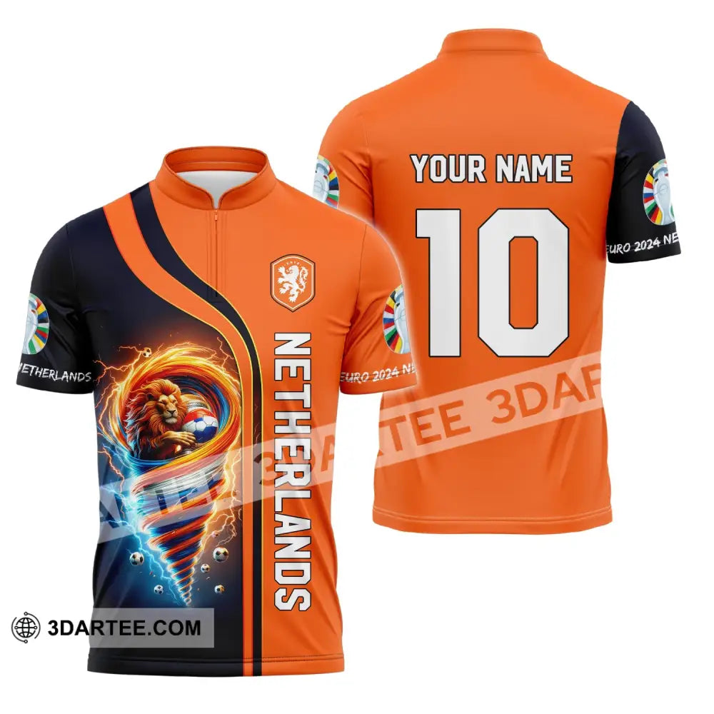 Unisex Shirt Custom Name And Number Netherlands Euro 2024 Football Polo Long Sleeve Zipper / S