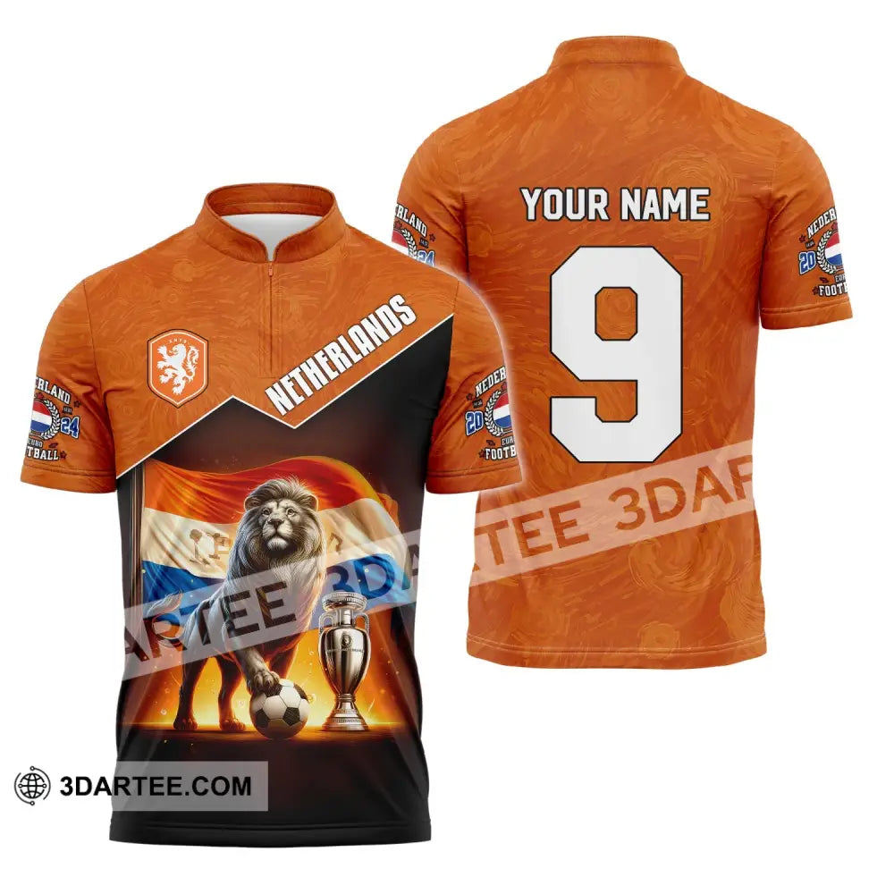 Unisex Shirt Custom Name And Number Netherlands Euro 2024 Football Polo Long Sleeve Zipper / S