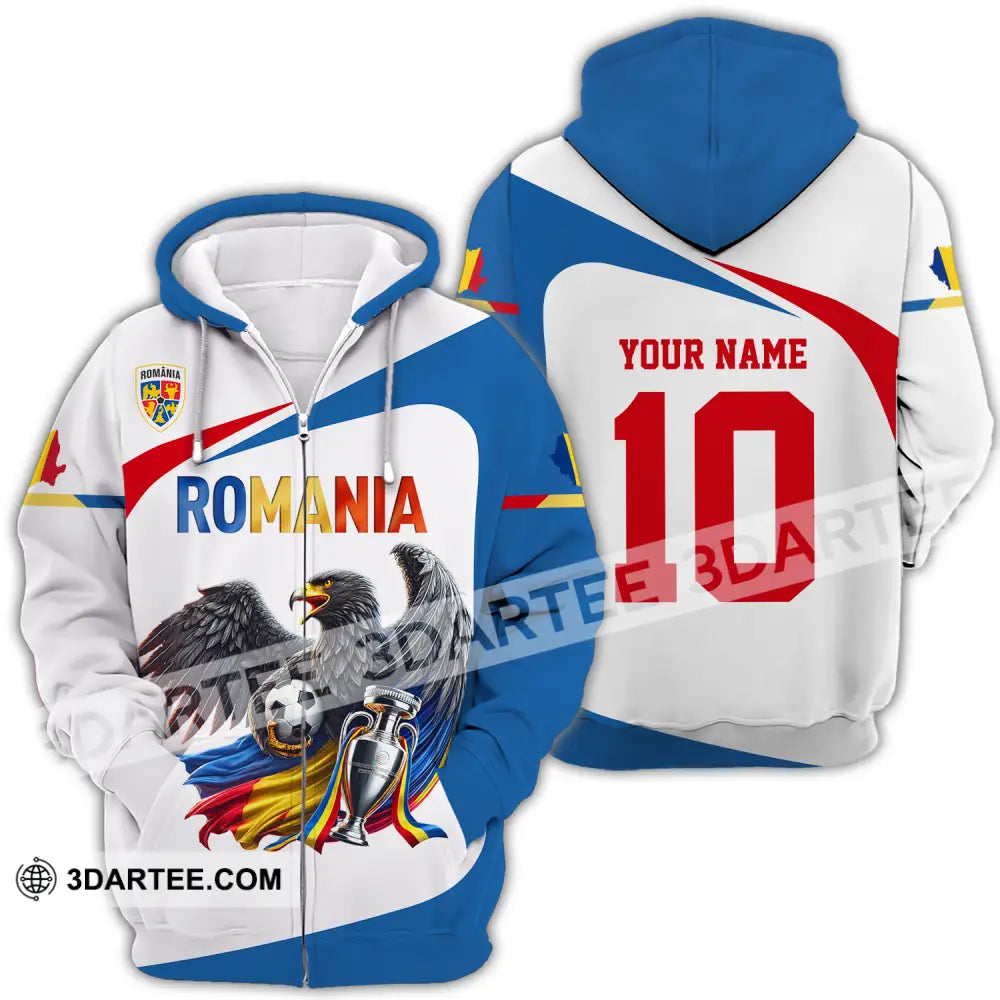 Unisex Shirt - Custom Name And Number Romania Eagle National Team Euro 2024 Cup Ball Zipper Hoodie