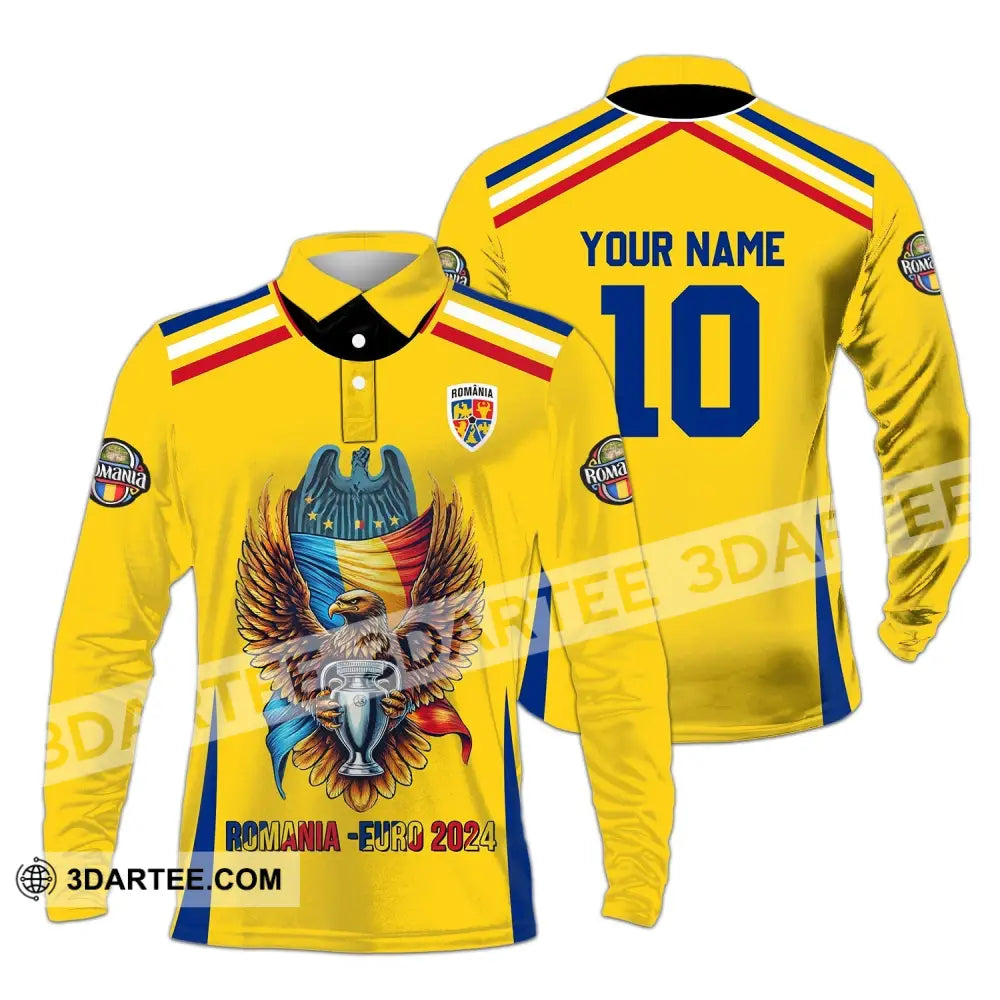 Unisex Shirt - Custom Name And Number Romania Euro 2024 Long Sleeve Polo / S T-Shirt