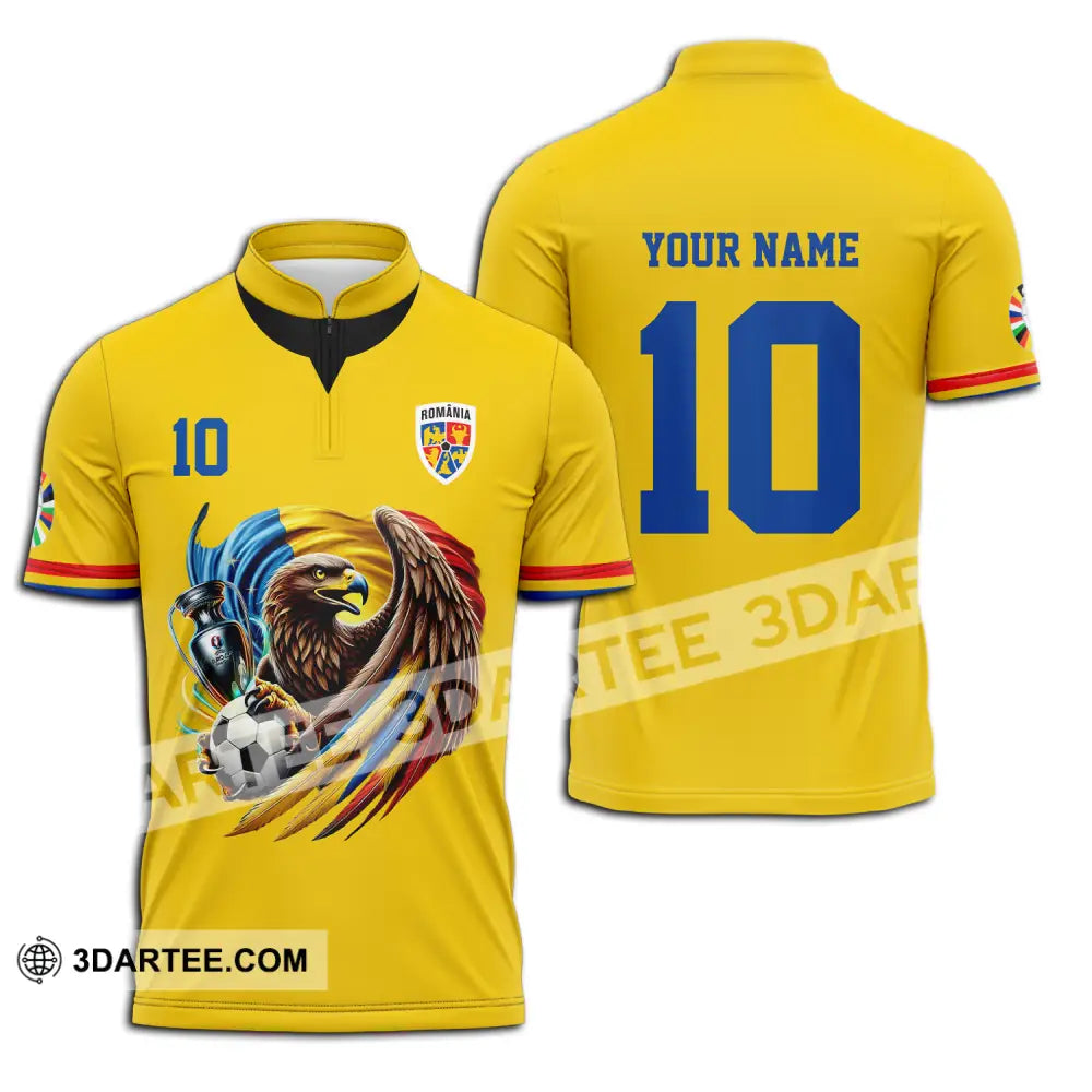 Unisex Shirt - Custom Name And Number Romania National Team Euro 2024 Cup Ball Zipper Polo / S