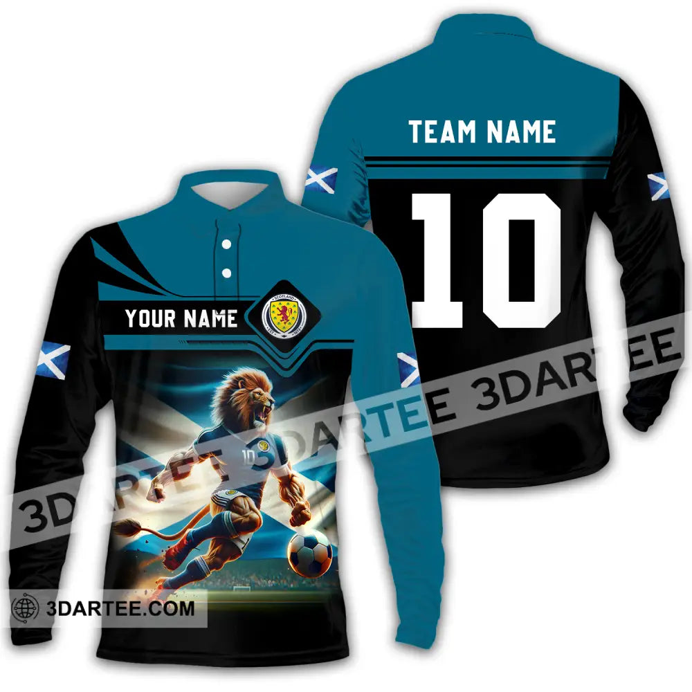 Unisex Shirt - Custom Name And Number Scotland Lion Playing Ball Long Sleeve Polo / S T-Shirt