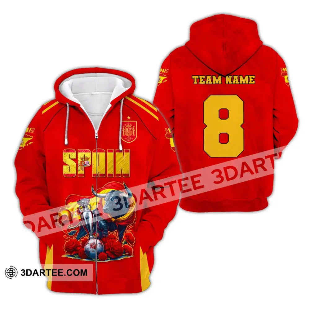 Unisex Shirt Custom Name And Number Spain Football Euro 2024 Polo Long Sleeve Zipper Hoodie / S