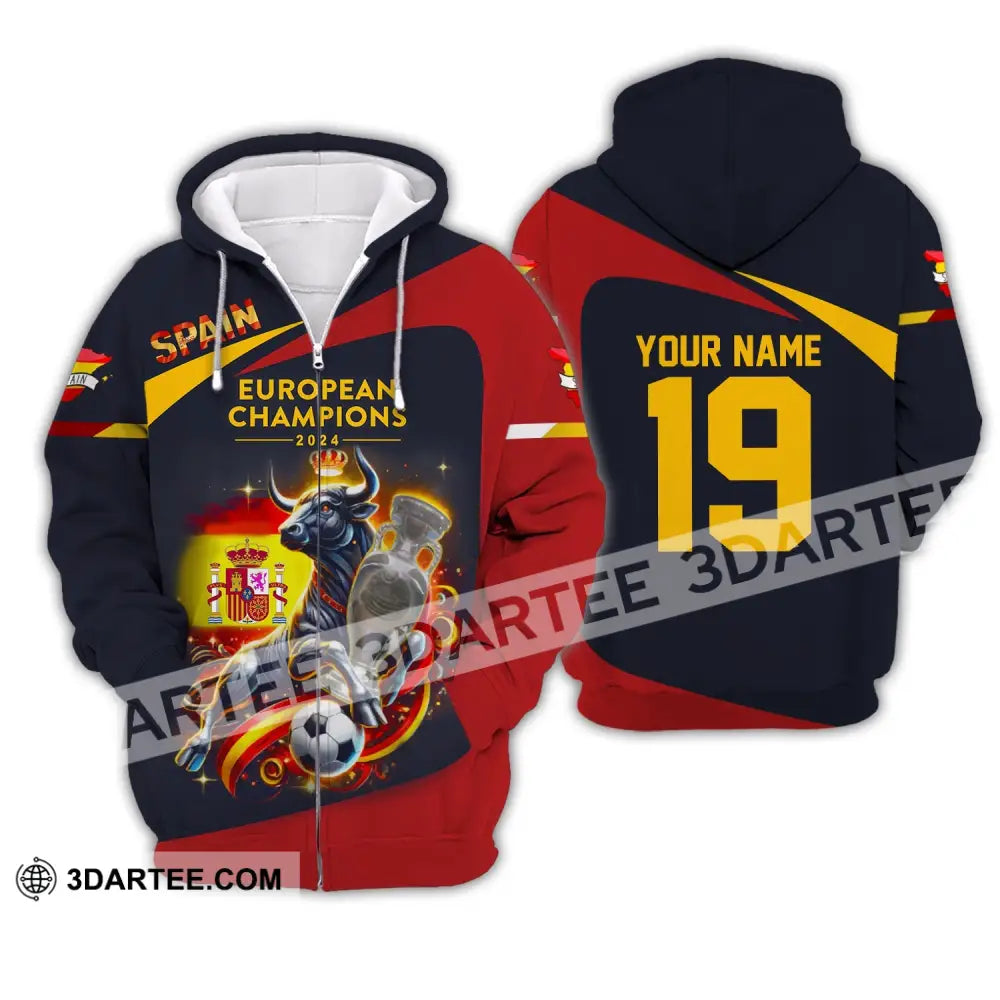 Unisex Shirt Custom Name And Number Spain Football Euro 2024 Polo Long Sleeve Zipper Hoodie / S