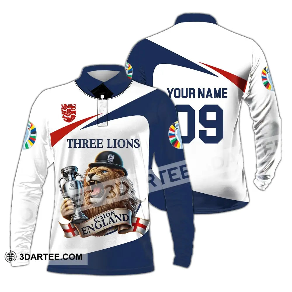 Unisex Shirt - Custom Name And Number Sport C’mon England Three Lions Long Sleeve Polo / S T-Shirt