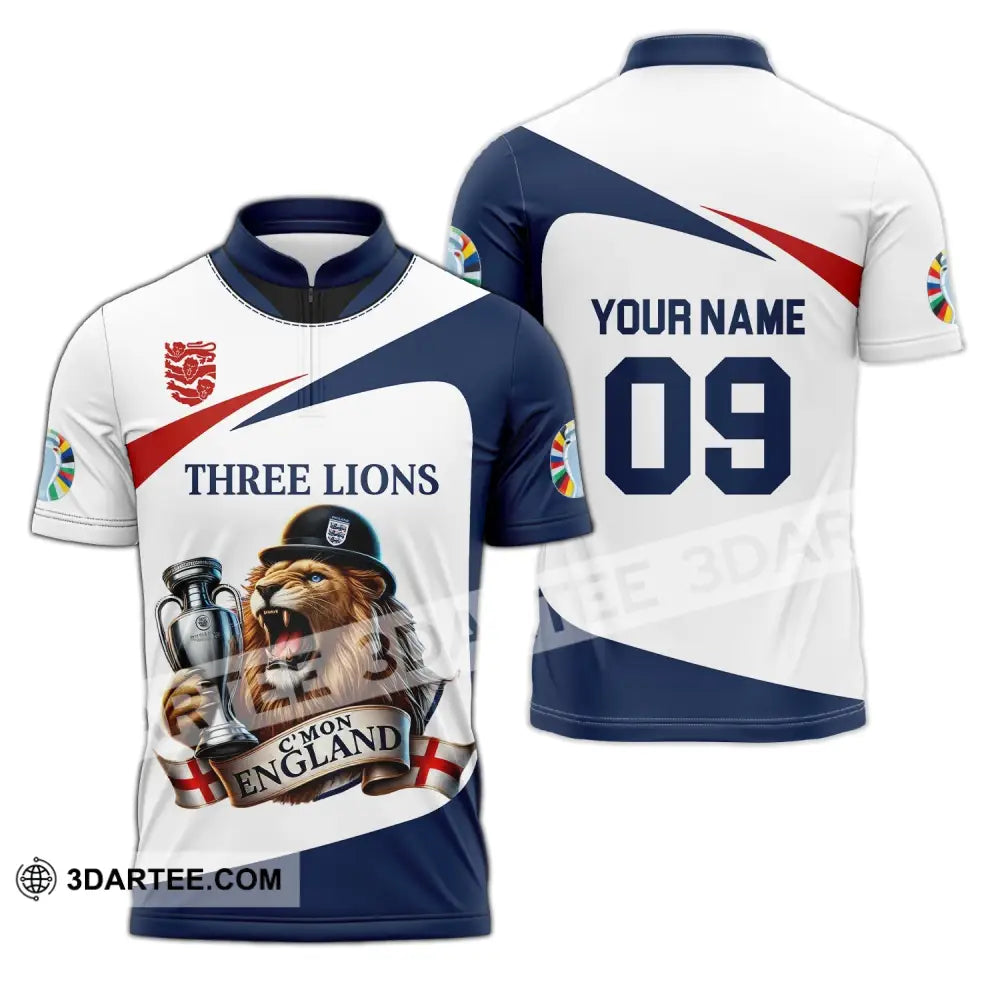 Unisex Shirt - Custom Name And Number Sport C’mon England Three Lions Zipper Polo / S T-Shirt