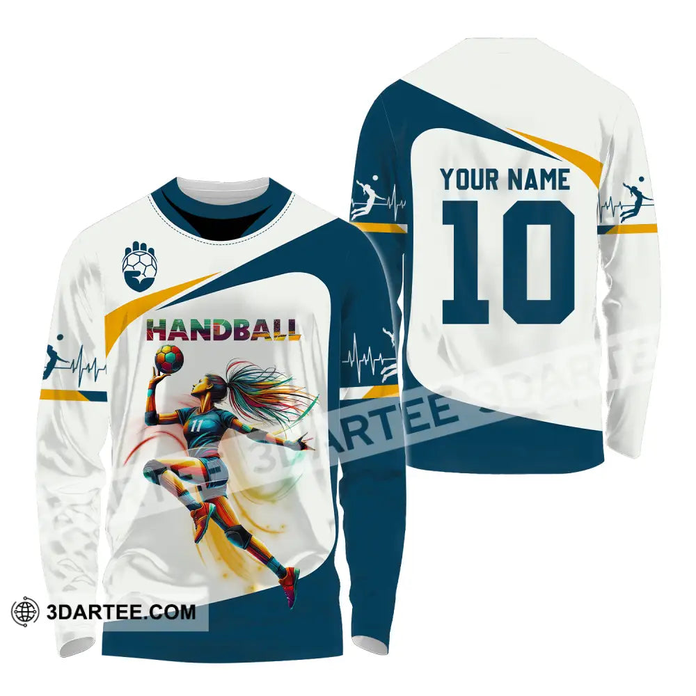 Unisex Shirt - Custom Name And Number Sport Handball White Blue Classic Long Sleeve / S T-Shirt