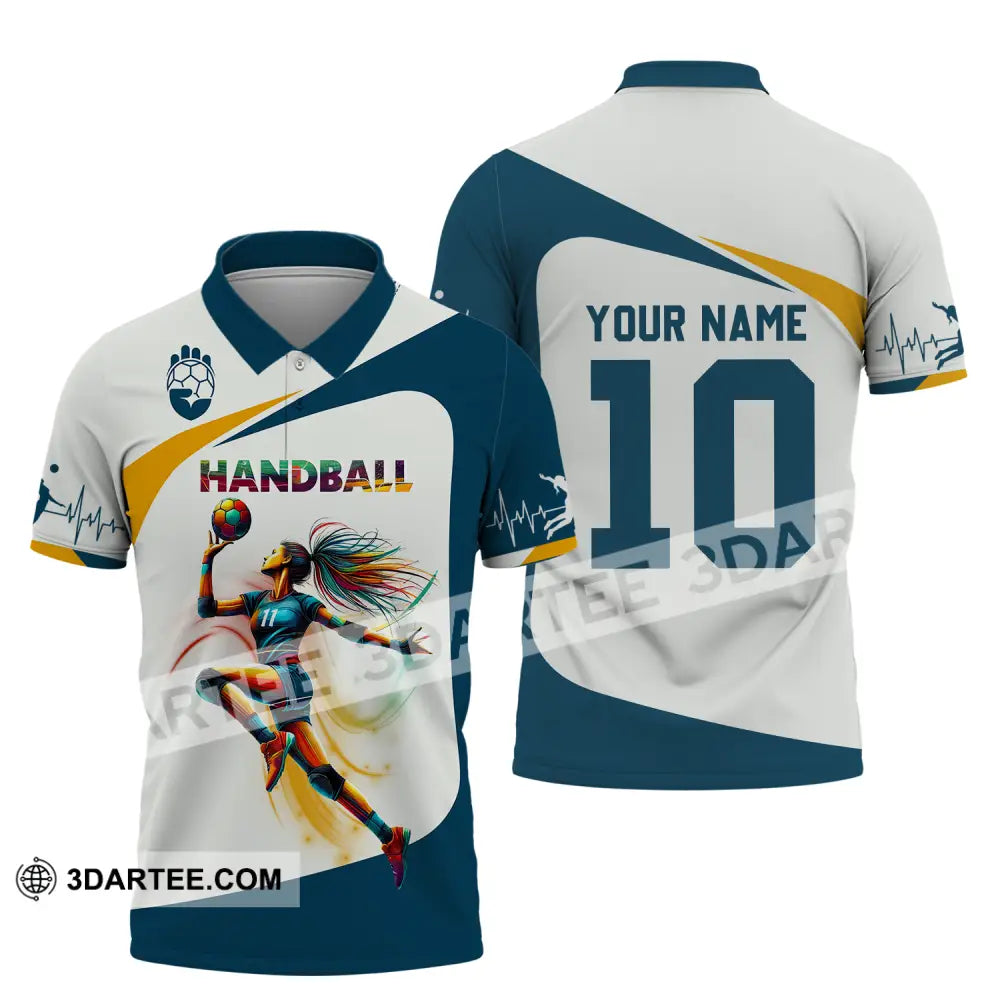 Unisex Shirt - Custom Name And Number Sport Handball White Blue Classic Polo / S T-Shirt