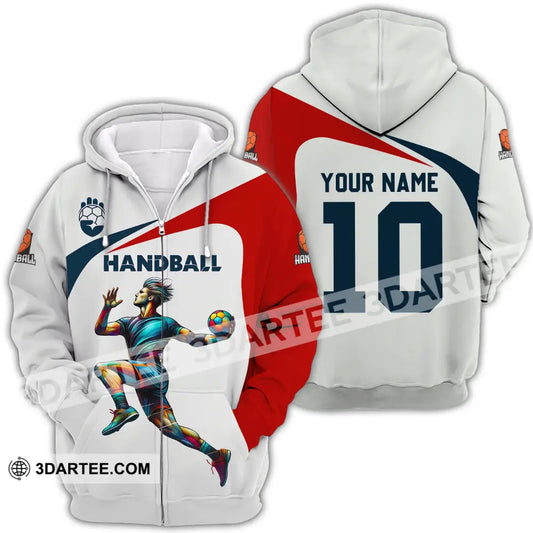 Unisex Shirt - Custom Name And Number Sport Handball White Red Classic Zipper Hoodie / S T-Shirt