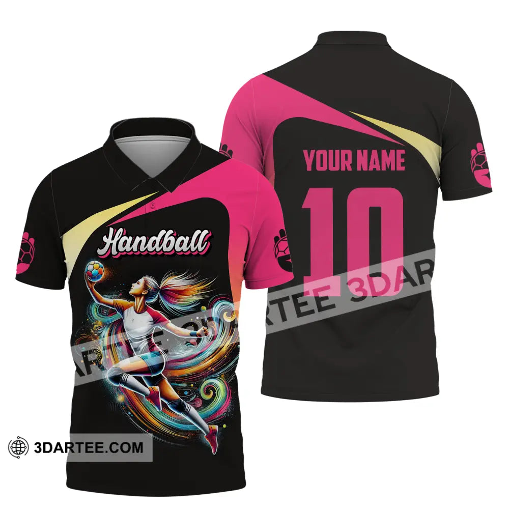 Unisex Shirt - Custom Name And Number Sport Hot Pink Handball Polo / S T-Shirt