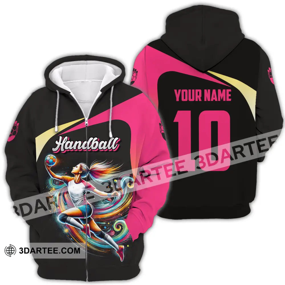 Unisex Shirt - Custom Name And Number Sport Hot Pink Handball Zipper Hoodie / S T-Shirt