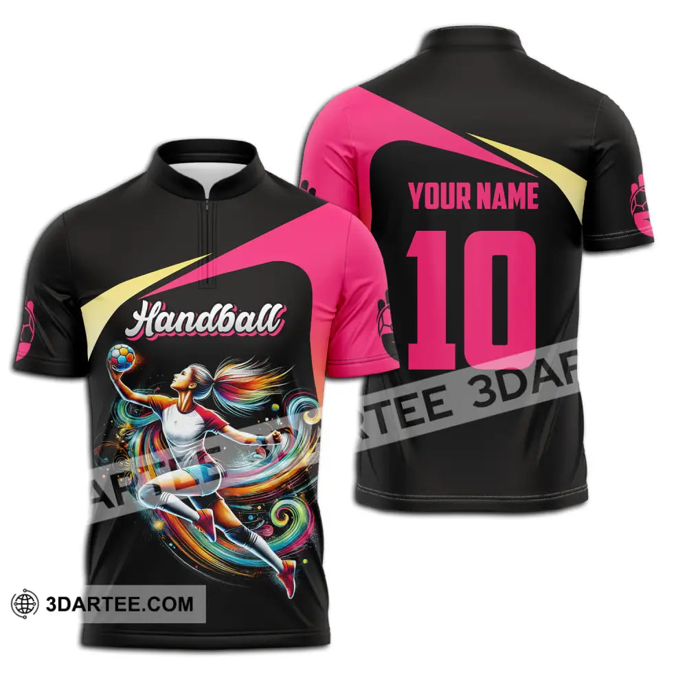 Unisex Shirt - Custom Name And Number Sport Hot Pink Handball Zipper Polo / S T-Shirt