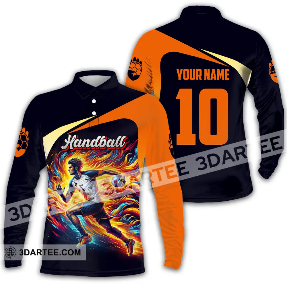 Unisex Shirt - Custom Name And Number Sport Orange Handball Long Sleeve Polo / S T-Shirt