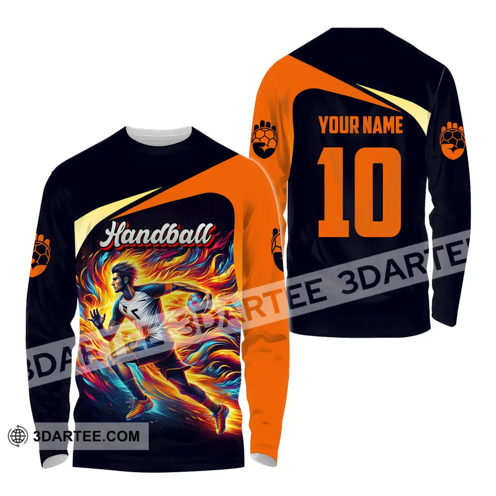 Unisex Shirt - Custom Name And Number Sport Orange Handball Long Sleeve / S T-Shirt