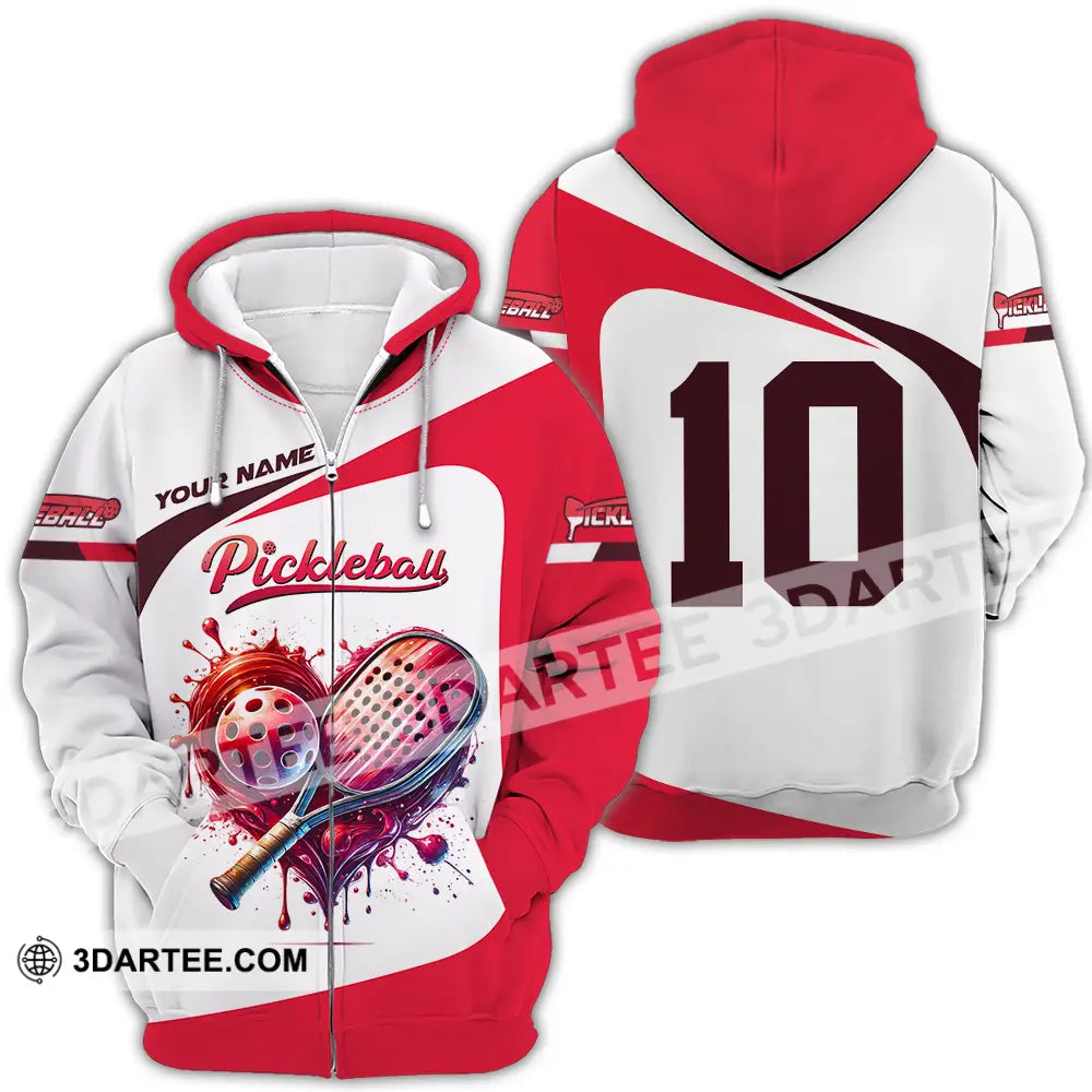 Unisex Shirt - Custom Name And Number Sport Pickleball Red White Zipper Hoodie / S T-Shirt