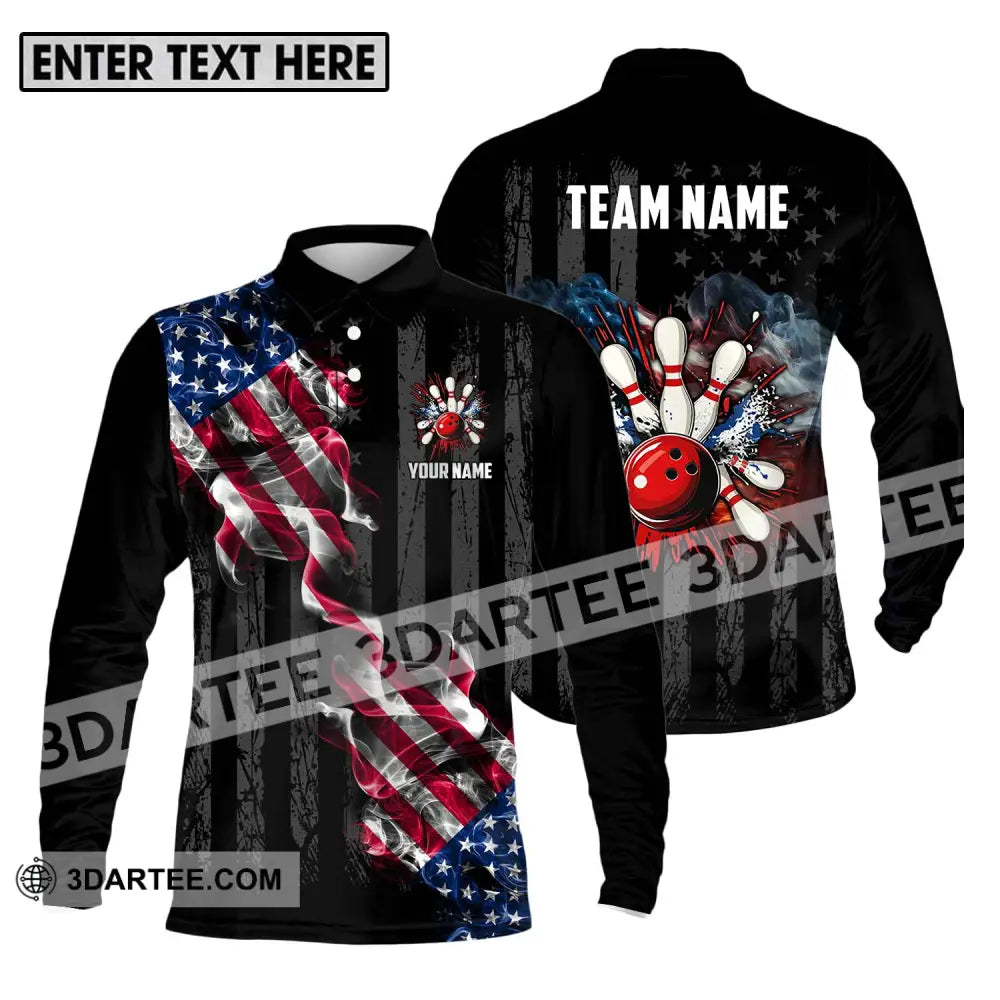 Unisex Shirt - Custom Name And Team America Bowling Sport Long Sleeve Polo / S T-Shirt