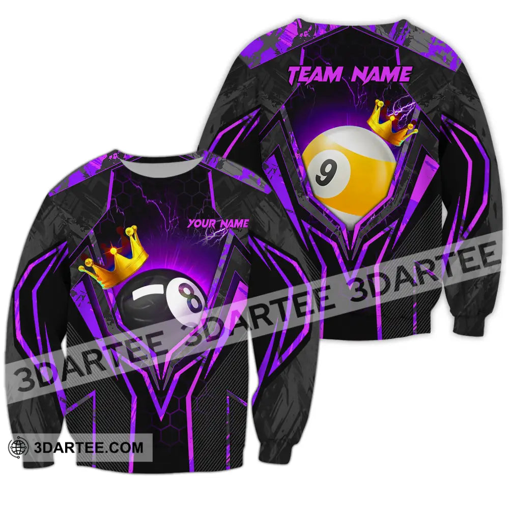 Unisex Shirt - Custom Name And Team Billiard Purple Line Crown Long Sleeve / S T-Shirt