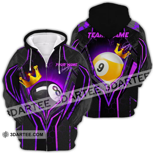 Unisex Shirt - Custom Name And Team Billiard Purple Line Crown Zipper Hoodie / S T-Shirt