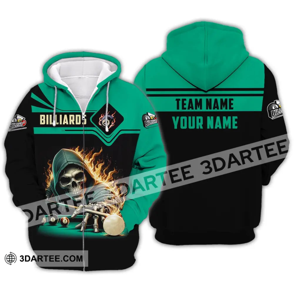 Unisex Shirt Custom Name And Team Billiards Polo Long Sleeve Skull T-Shirt Zipper Hoodie / S