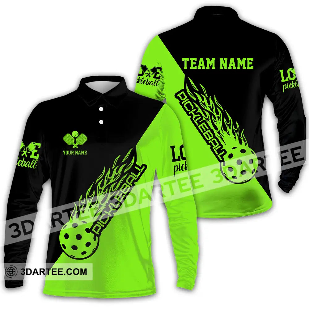 Unisex Shirt - Custom Name And Team Black Green Pickleball Long Sleeve Polo / S T-Shirt