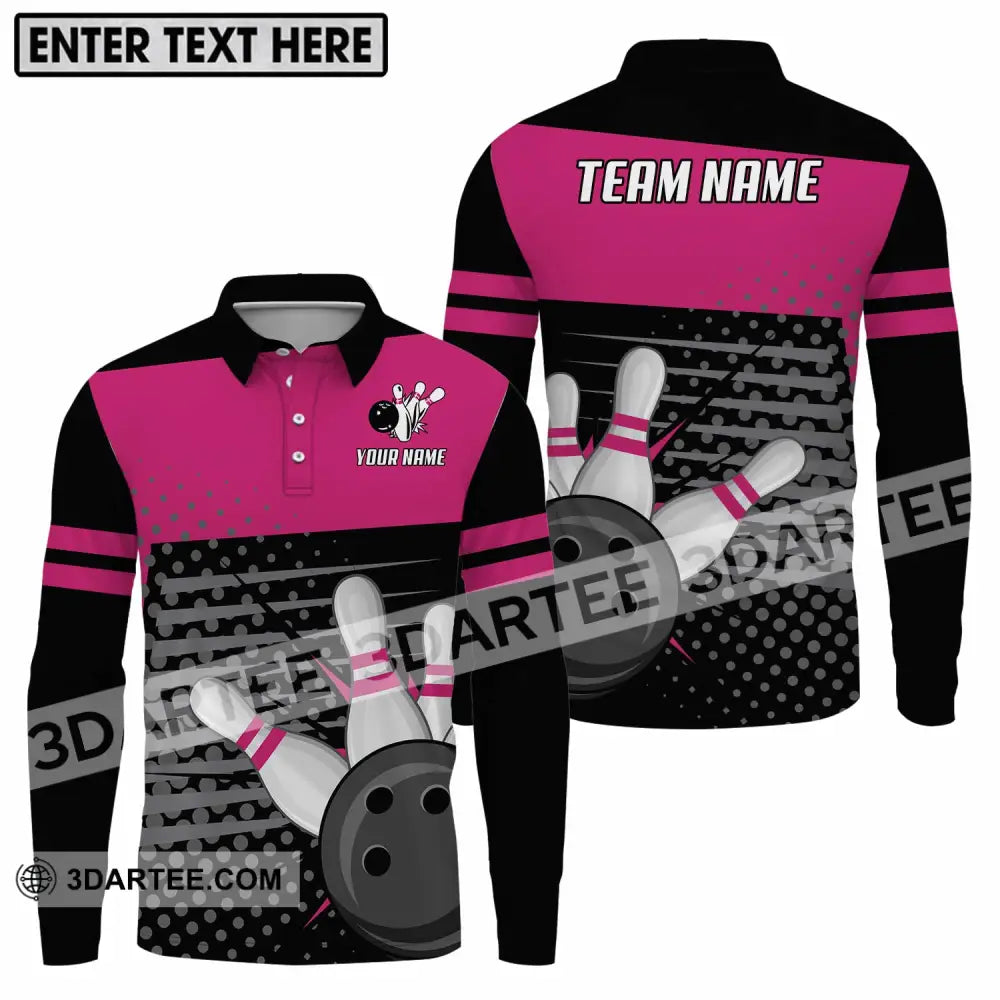 Unisex Shirt - Custom Name And Team Black Pink With Bowling Pins Long Sleeve Polo / S T-Shirt