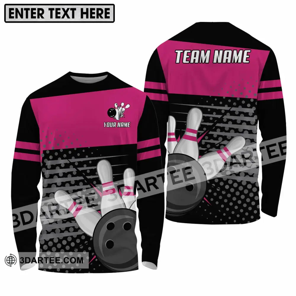 Unisex Shirt - Custom Name And Team Black Pink With Bowling Pins Long Sleeve / S T-Shirt