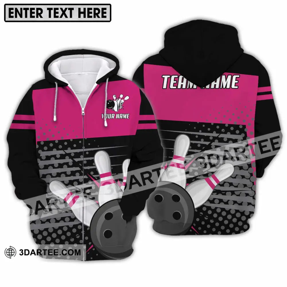 Unisex Shirt - Custom Name And Team Black Pink With Bowling Pins Zipper Hoodie / S T-Shirt