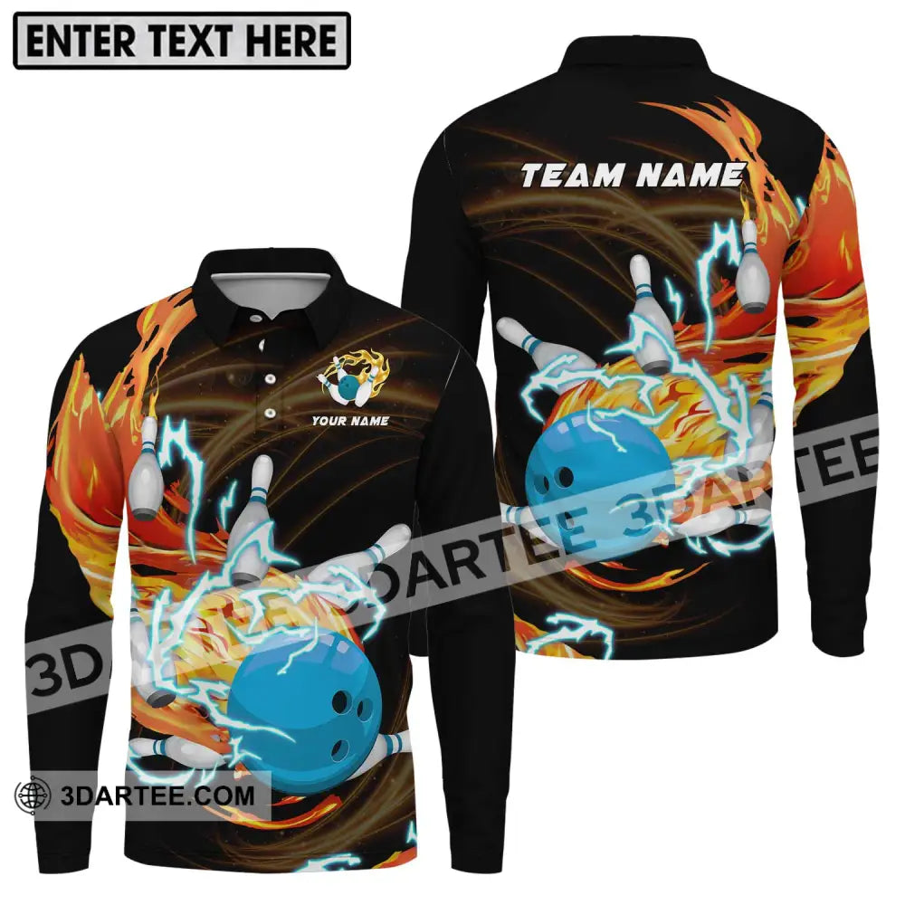 Unisex Shirt - Custom Name And Team Bowling Fire Water Long Sleeve Polo / S T-Shirt