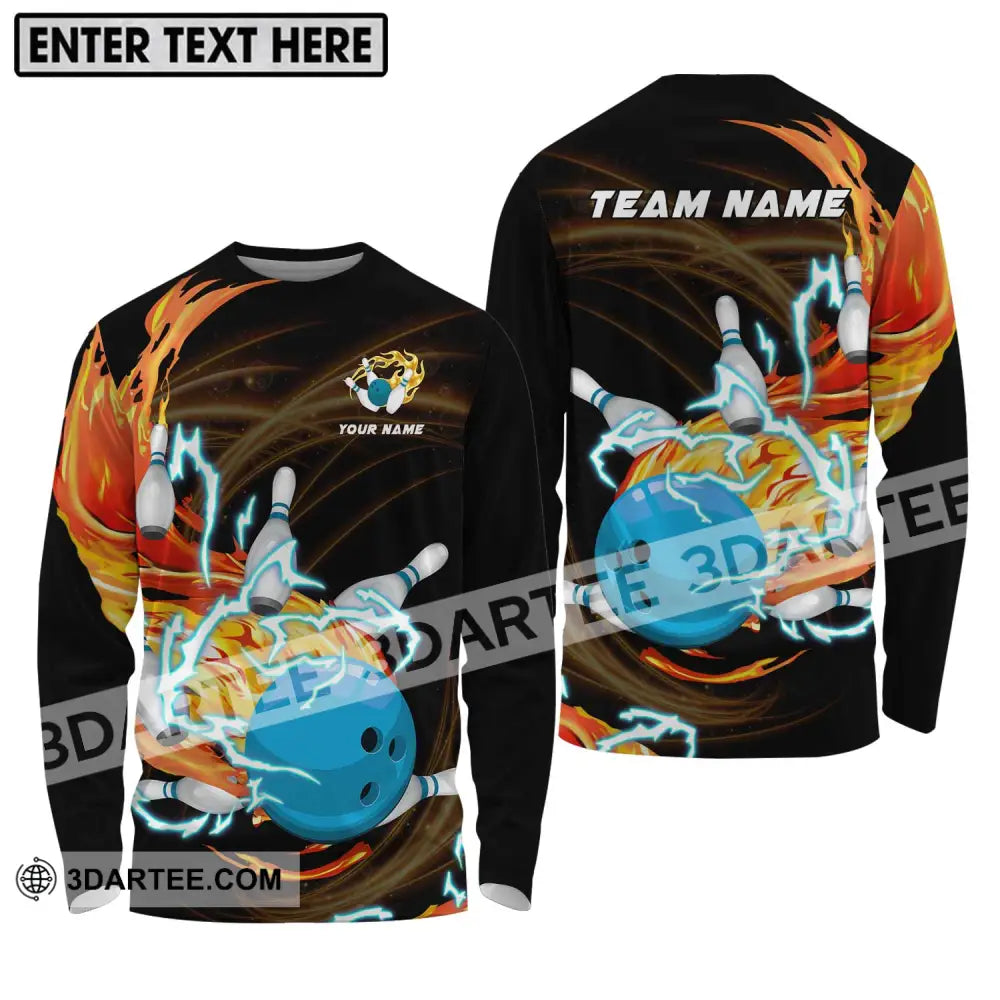 Unisex Shirt - Custom Name And Team Bowling Fire Water Long Sleeve / S T-Shirt