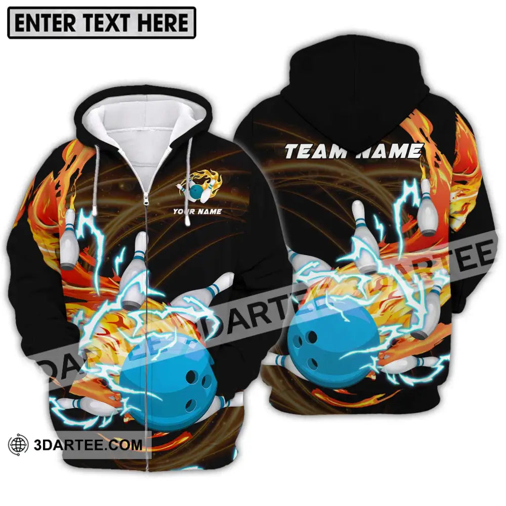 Unisex Shirt - Custom Name And Team Bowling Fire Water Zipper Hoodie / S T-Shirt