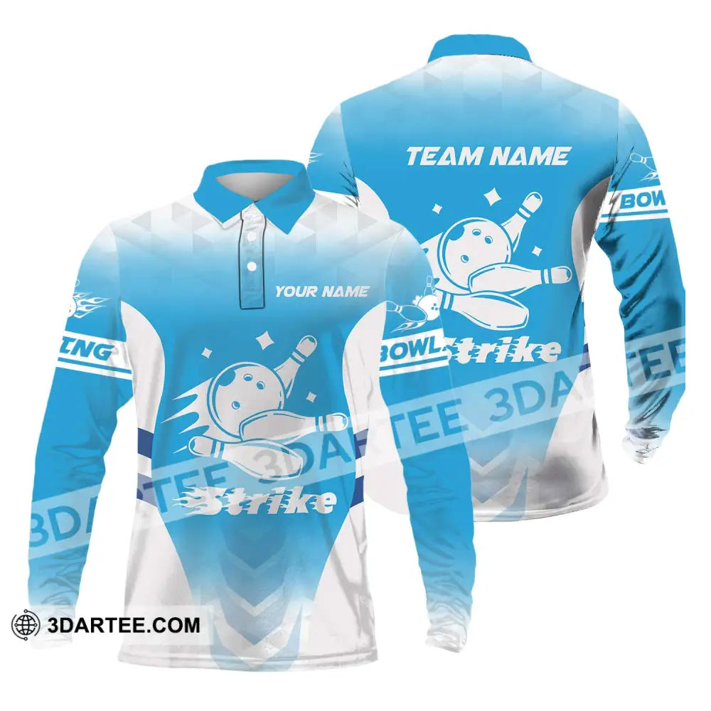 Unisex Shirt - Custom Name And Team Bowling Light Blue Strike Long Sleeve Polo / S T-Shirt