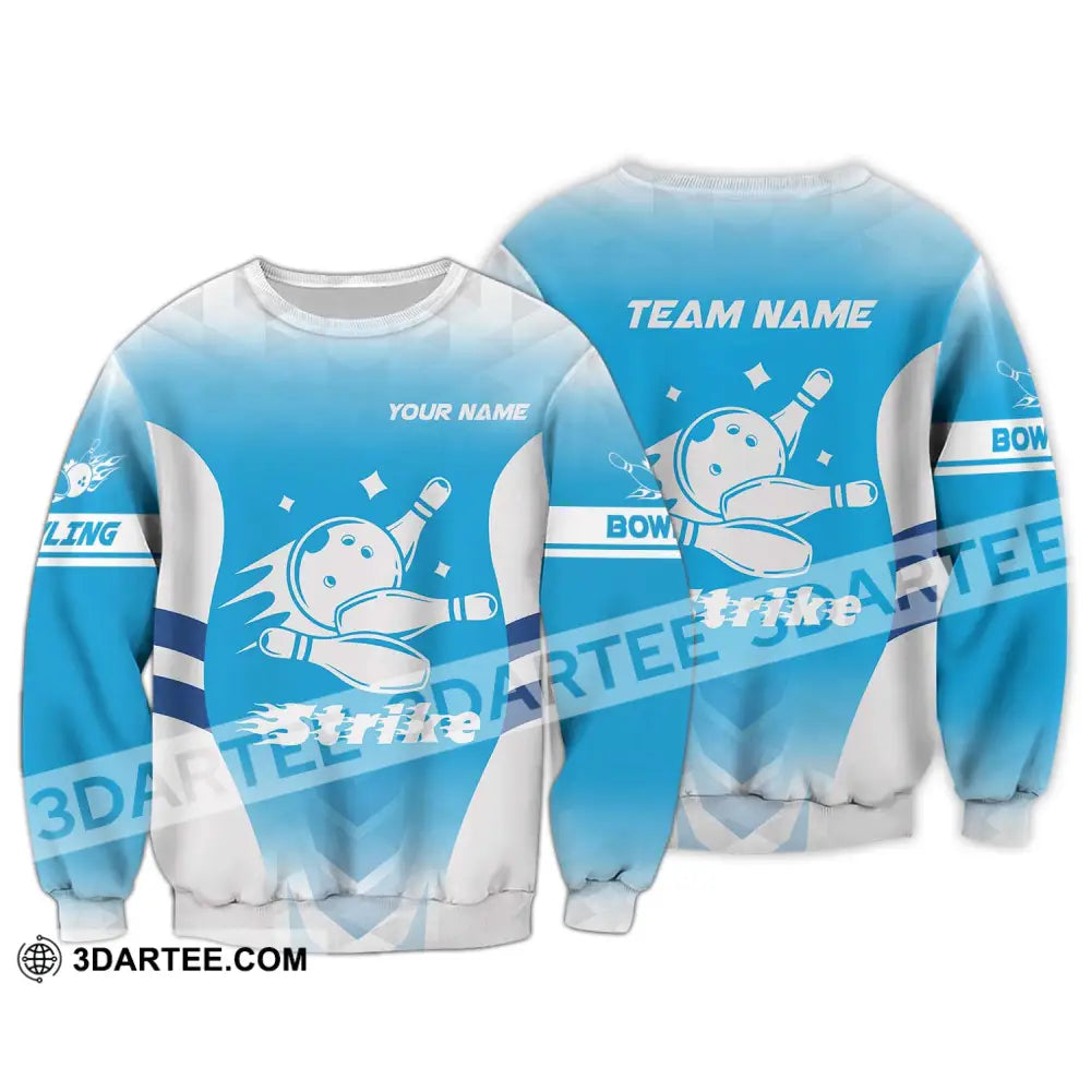 Unisex Shirt - Custom Name And Team Bowling Light Blue Strike Long Sleeve / S T-Shirt