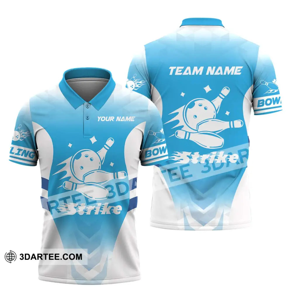 Unisex Shirt - Custom Name And Team Bowling Light Blue Strike Polo / S T-Shirt