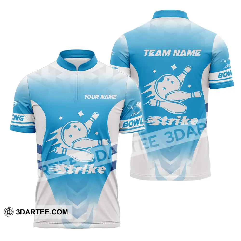 Unisex Shirt - Custom Name And Team Bowling Light Blue Strike Zipper Polo / S T-Shirt