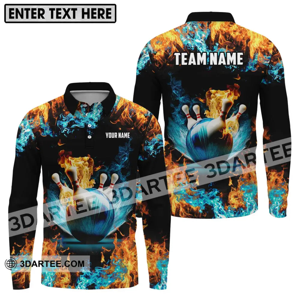 Unisex Shirt - Custom Name And Team Bowling Lover Fire Water Long Sleeve Polo / S T-Shirt