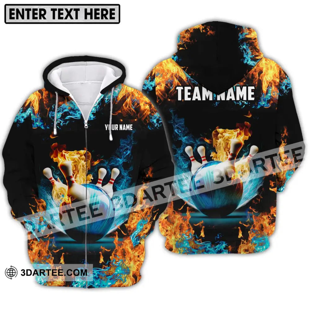 Unisex Shirt - Custom Name And Team Bowling Lover Fire Water Zipper Hoodie / S T-Shirt