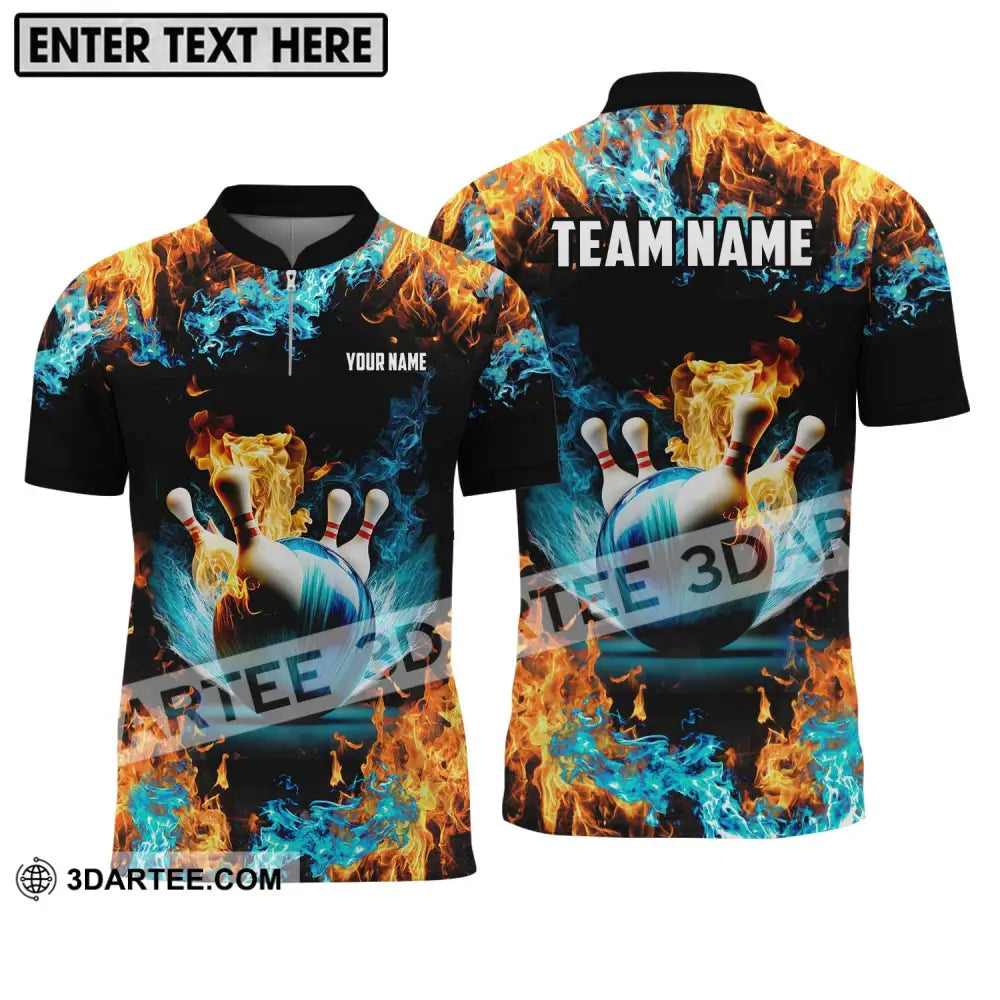 Unisex Shirt - Custom Name And Team Bowling Lover Fire Water Zipper Polo / S T-Shirt