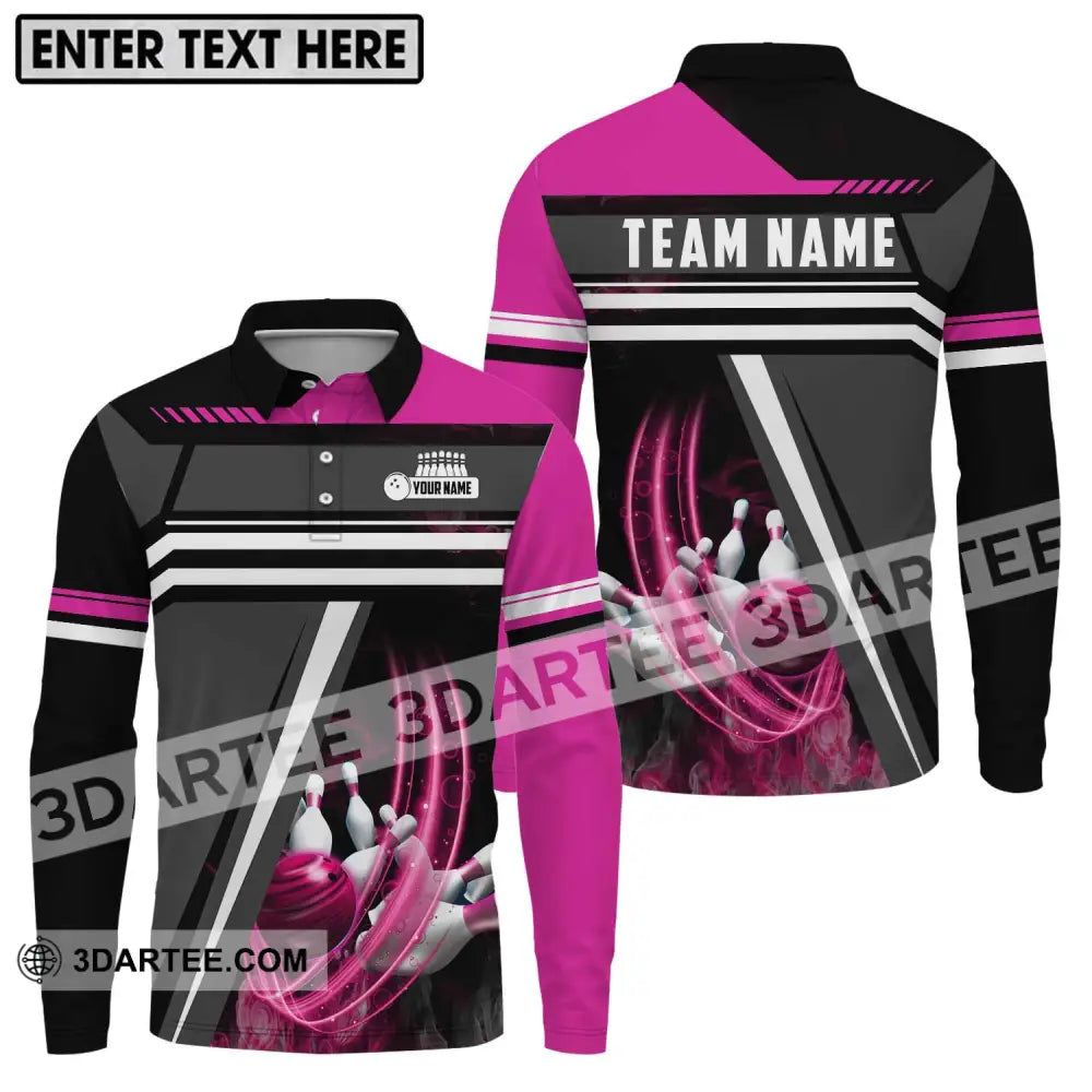 Unisex Shirt - Custom Name And Team Bowling Lover Pink Gray Long Sleeve Polo / S T-Shirt