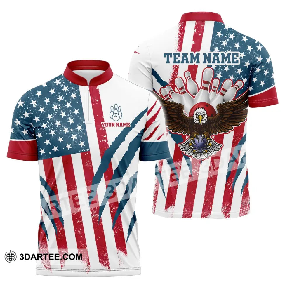 Unisex Shirt Custom Name And Team Bowling Polo America Flag T-Shirt Hoodie Long Sleeve Zipper / S